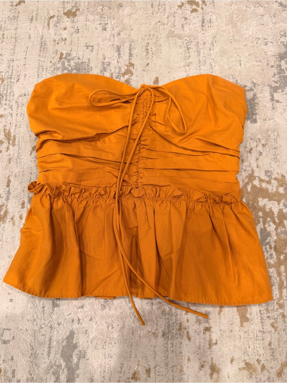 Express Strapless Ruched Tie-Front Peplum Top in Orange